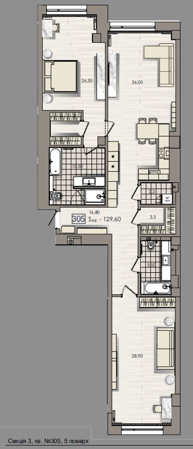 Apartment with two bedroom and spacious kitchen - apartment plan