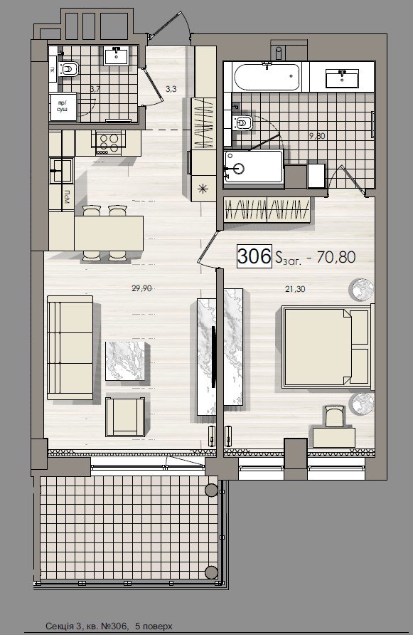 One bedroom apartment with a spacious terrace - apartment plan