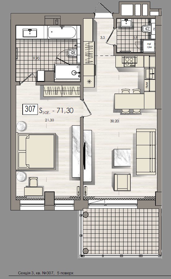 One bedroom apartment with a spacious terrace - apartment plan