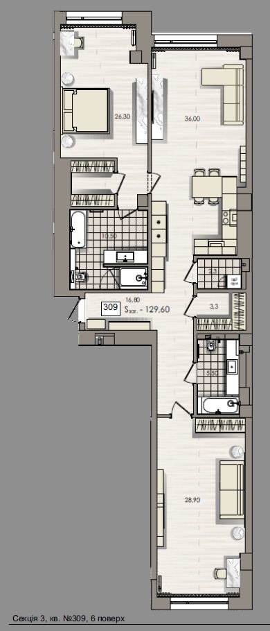 Apartment with two bedroom and spacious kitchen - apartment plan