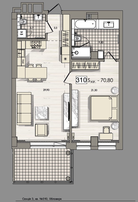 One bedroom apartment with a spacious terrace - apartment plan