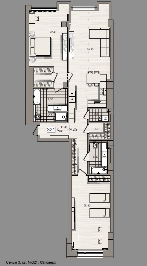 Apartment with two bedroom and spacious kitchen - apartment plan