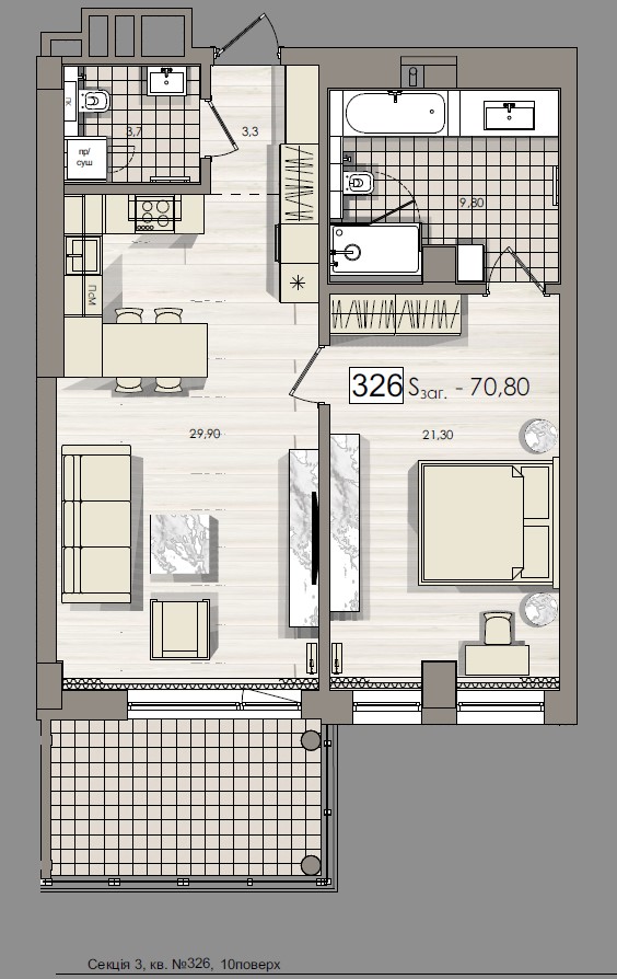 One bedroom apartment with a spacious terrace - apartment plan