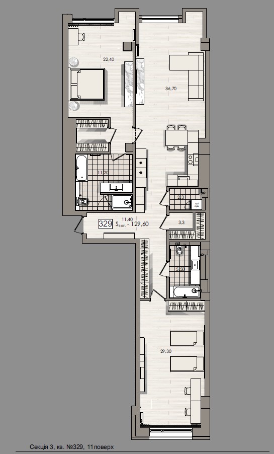 Apartment with two bedroom and spacious kitchen - apartment plan