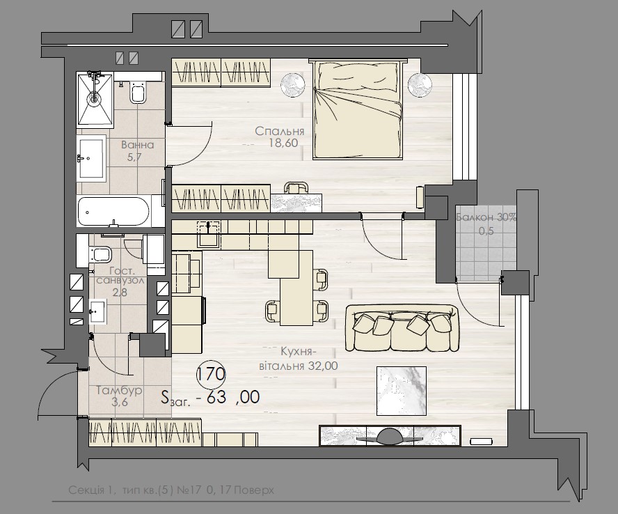 Spacious two room apartment - apartment plan