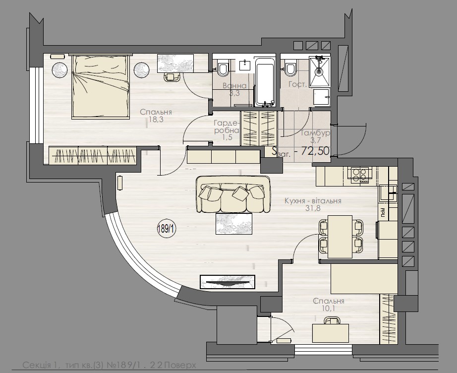 Penthouse with panoramic bedroom and spacious terrace - apartment plan