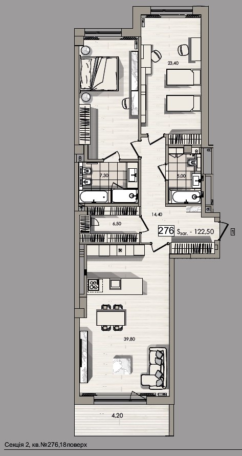 Трикімнатна квартира (2 спальні) з балконом - apartment plan